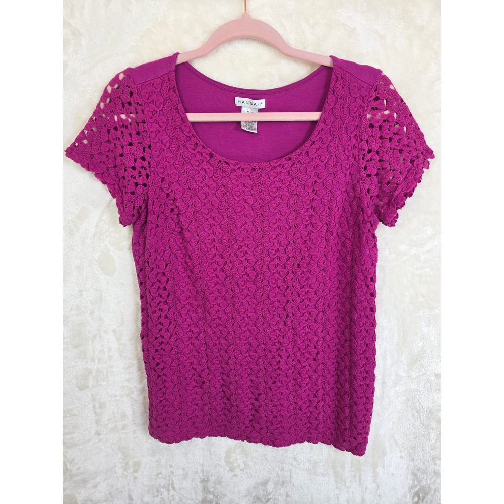 Hannah Magenta Crochet‎ Lace Front Short Sleeve Scoop Neck Knit Top Medium